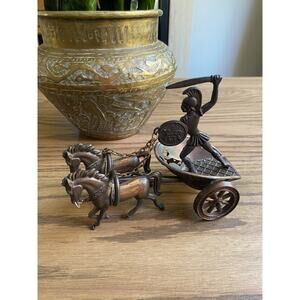 Vintage Roman Gladiator with Chariot Horses Cast Bronze Metal Sculpture